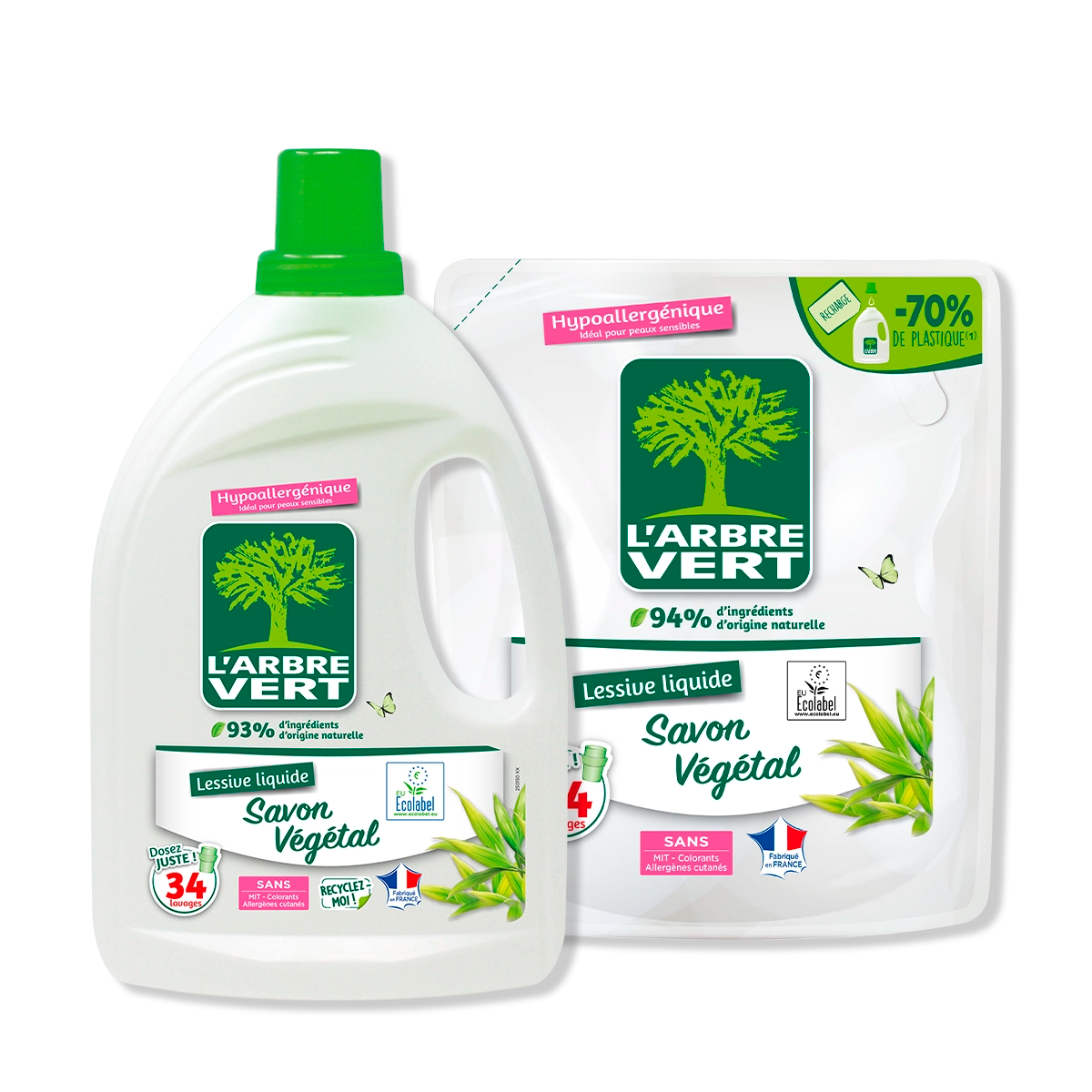 Pack lessive et recharge Savon Végétal 2 x 1,53L