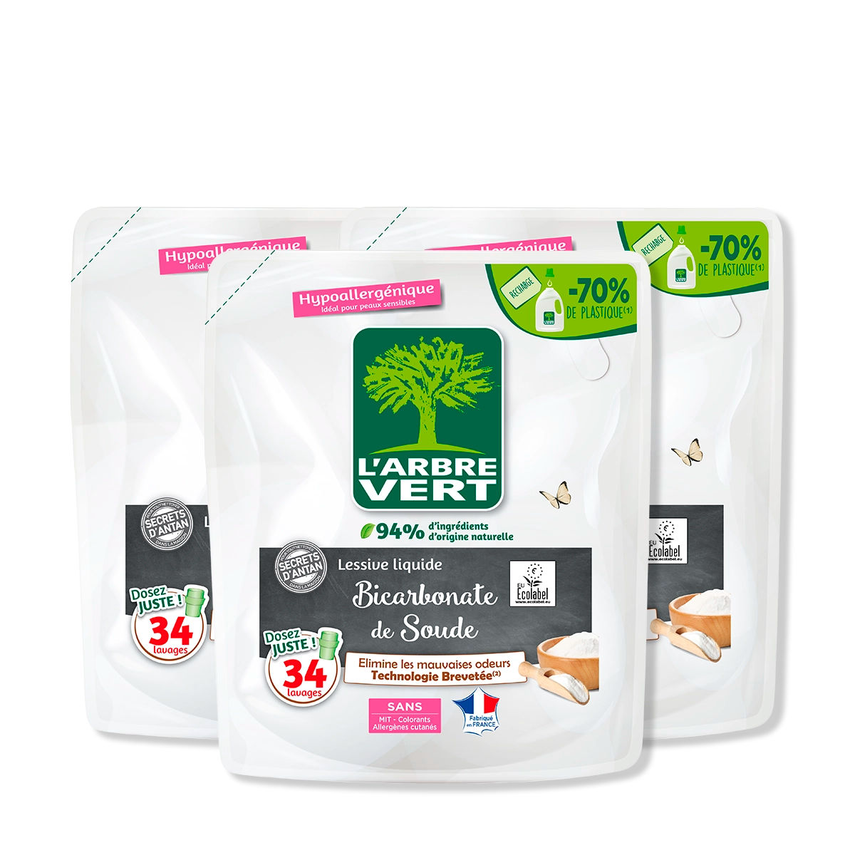 Lot de 3 recharges lessive Bicarbonate de soude 3 x 1,53L