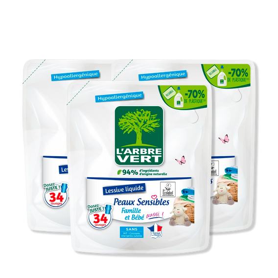 Lot de 3 recharges lessive Peaux sensibles 3 x 1,53L