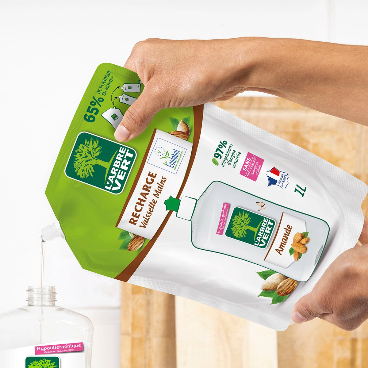 Pack vaisselle mains aluminium et recharge Amande 490 mL + 1L