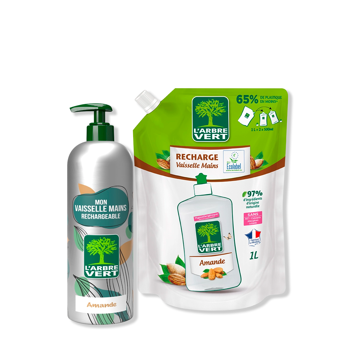 Pack vaisselle mains aluminium et recharge Amande 490 mL + 1L