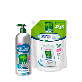 Pack Vaisselle mains aluminium et recharge Peaux sensibles 490 mL + 1L