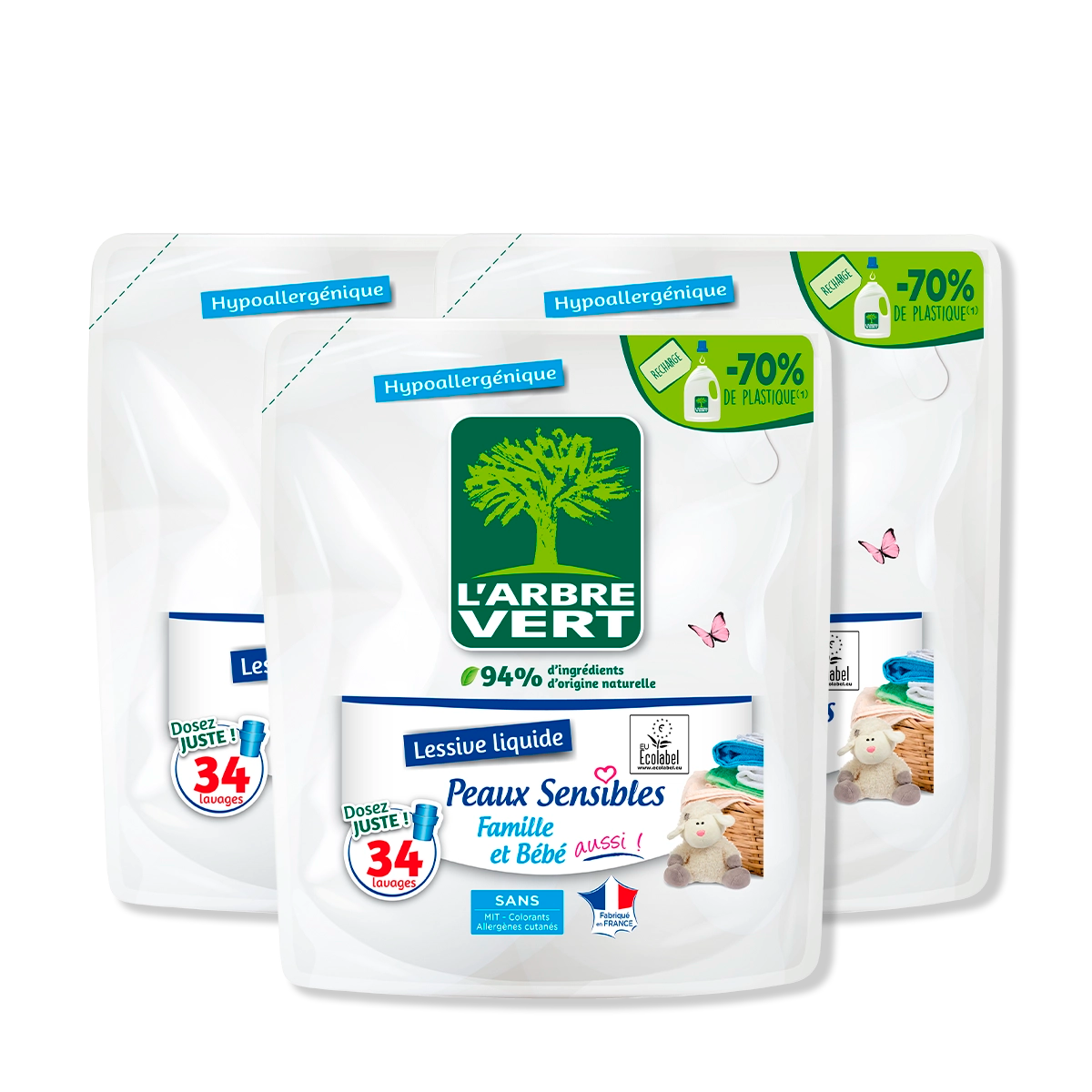 Lot de 3 recharges lessive Peaux sensibles 3 x 1,53L