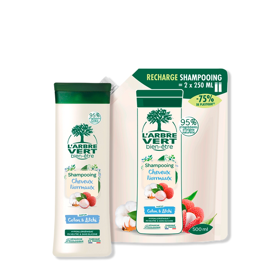 Pack Shampooing et recharge Cheveux Normaux Parfum Coton & Litchi 250 mL + 500 mL